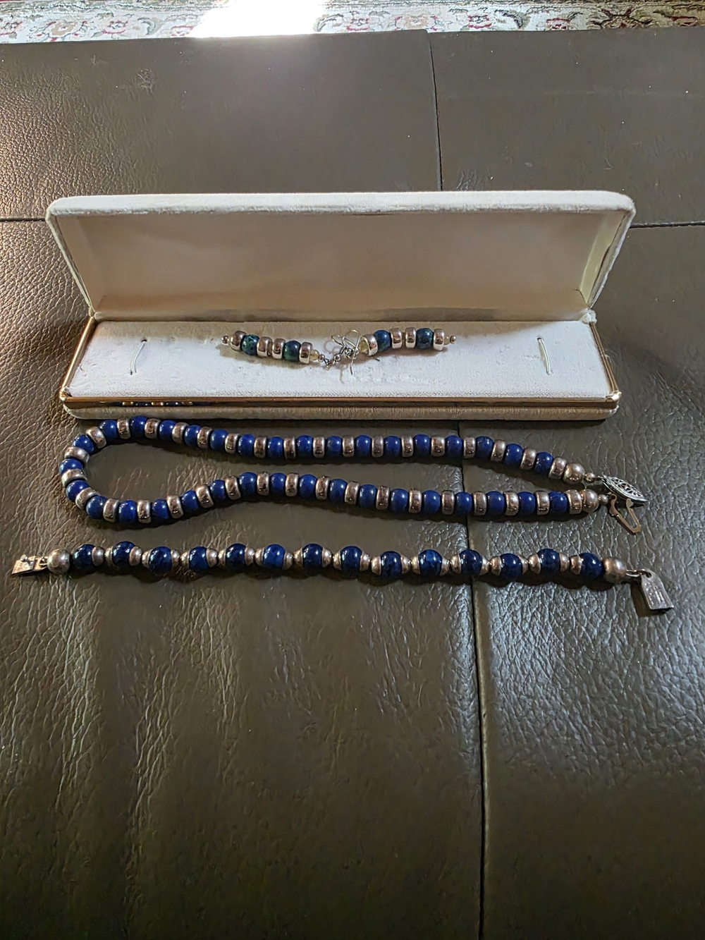 Sterling Silver & Navy Blue Bead Jewelry Set - Necklace & Bracelet